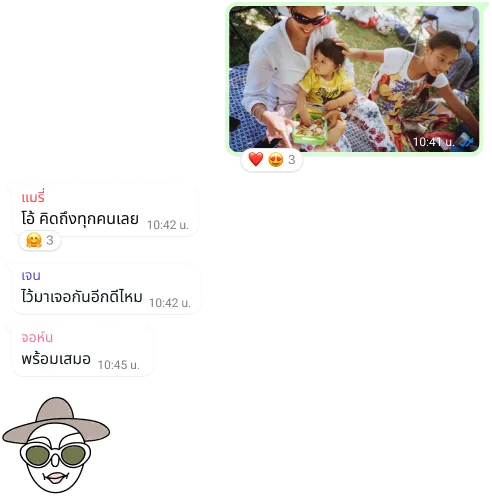 ภาพหน้าจอของฟีเจอร์การสนทนาแบบกลุ่มบน WhatsApp รวมถึงการแลกเปลี่ยนรูปภาพและข้อความ