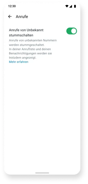 Screenshot, der die Funktion zum Stummschalten unbekannter Anrufer*innen zeigt