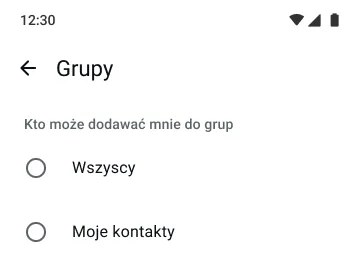 przykład funkcji grup w whatsapp pokazujący, kto może cię dodawać do grup