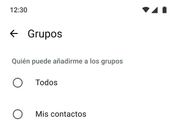 ejemplo de la función de grupos en whatsapp que muestra quién puede añadirte a los grupos