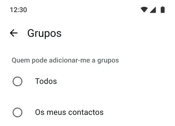 exemplo da funcionalidade de grupos no whatsapp a mostrar quem pode adicioná-lo/a aos grupos
