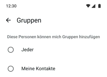 Beispiel: Gruppenfunktion in WhatsApp. Es wird gezeigt, wer dich Gruppen hinzufügen kann.
