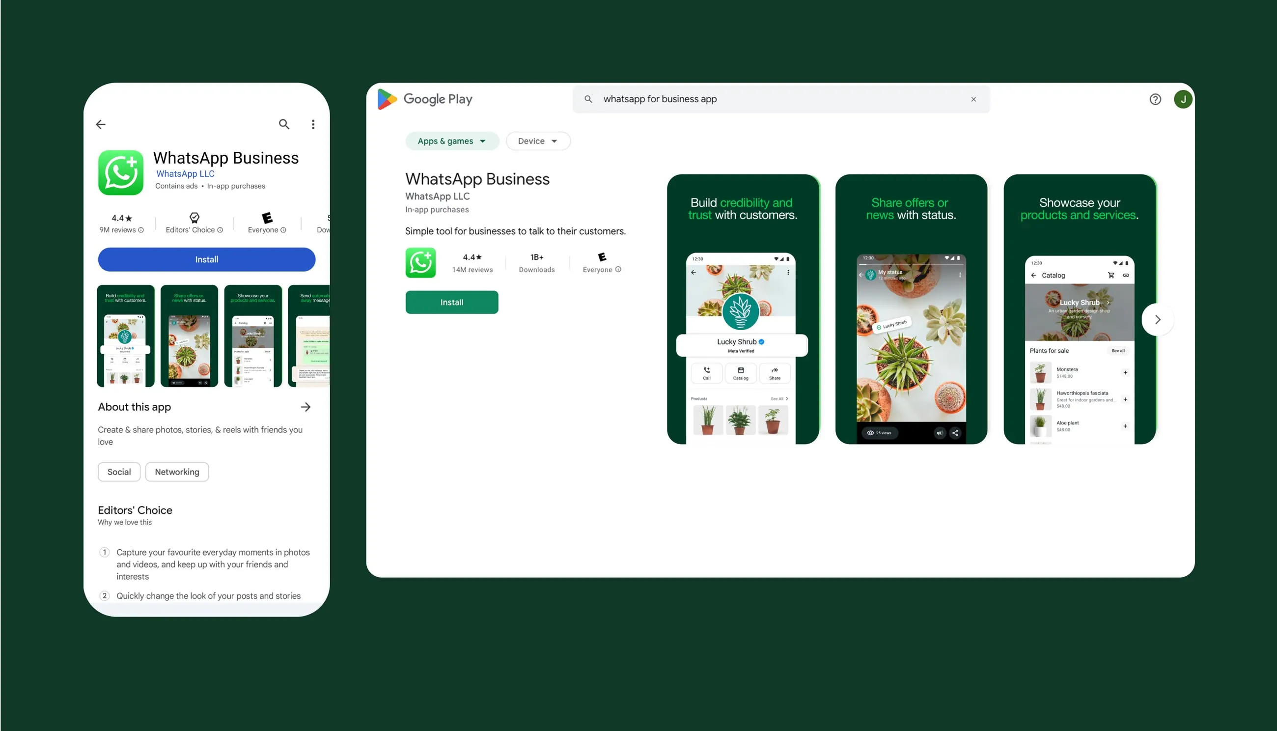 A device screenshot example of downloading whatsapp business app in the google play store