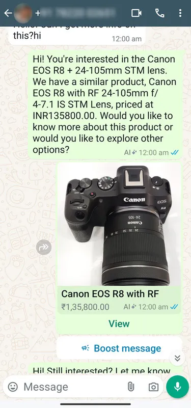 Exemplo da empresa JJMehta usando a IA comercial e o app WhatsApp Business para interagir com clientes