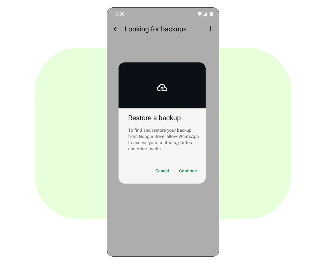 Cell phone prompt asking to restore a backup from Google Drive