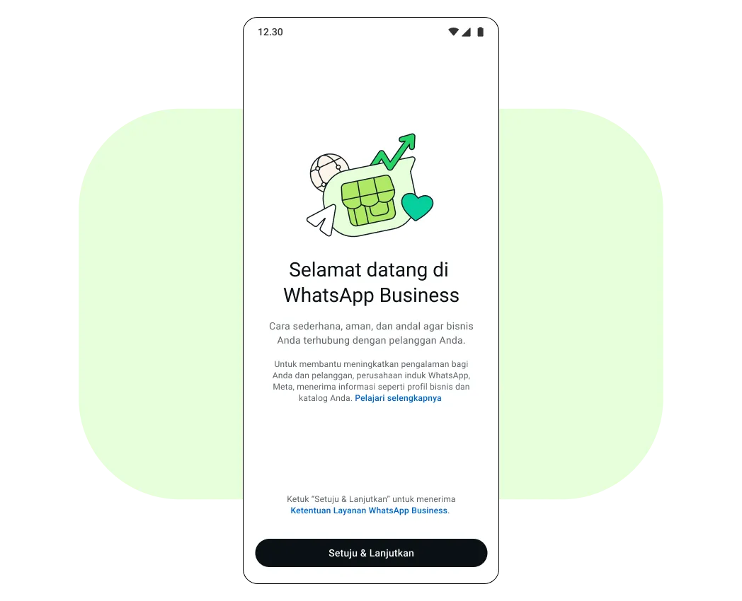 Layar ponsel bertuliskan "Selamat Datang di WhatsApp Business"