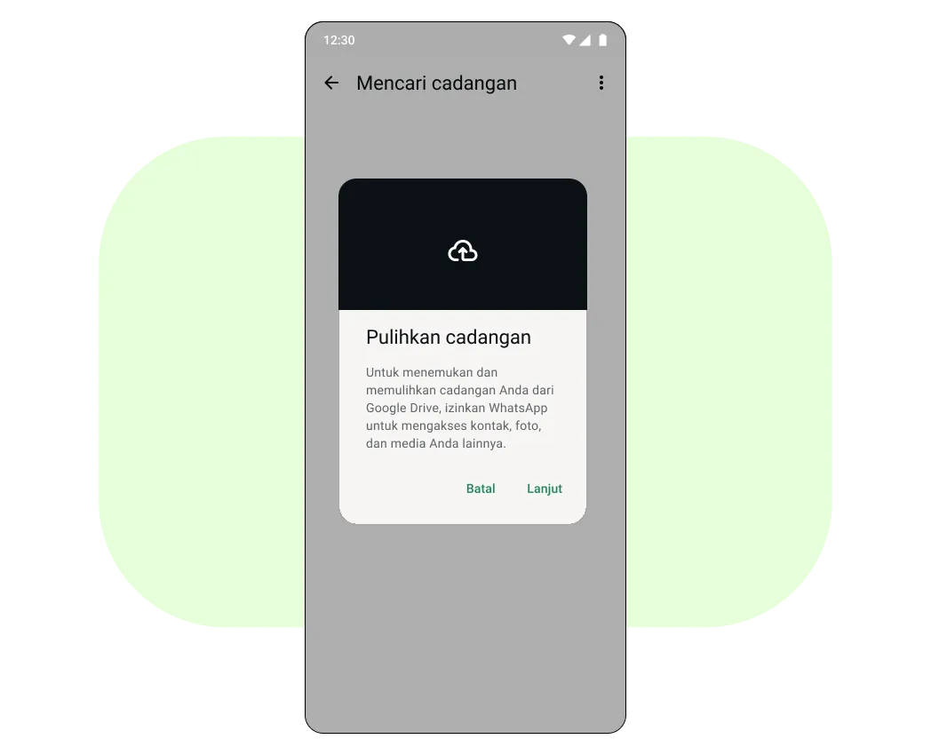 Ponsel menampilkan prompt yang meminta pemulihan cadangan dari Google Drive