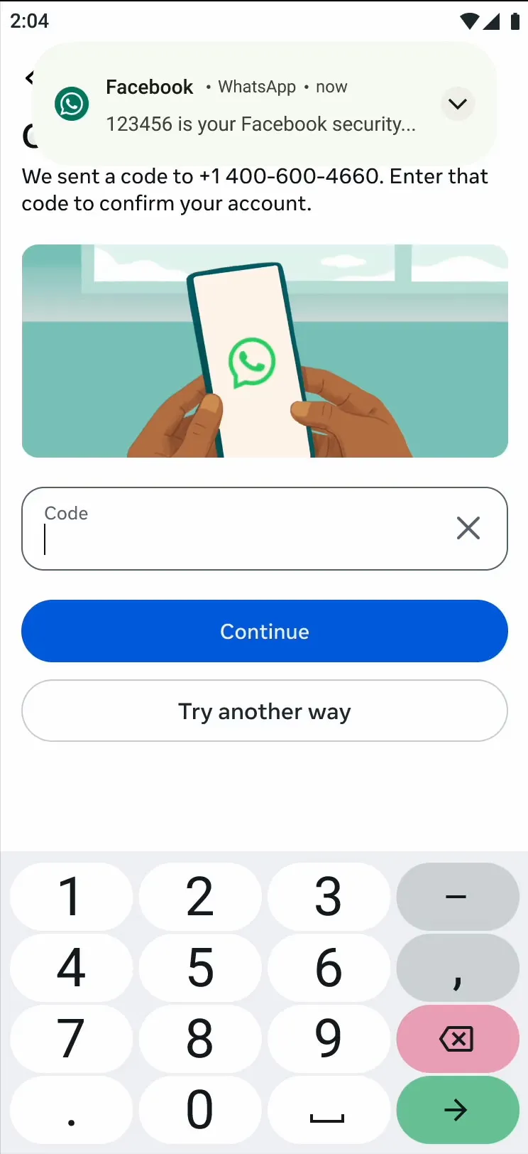 Un ejemplo gráfico de un dispositivo con un mensaje de autenticación de OTP en WhatsApp