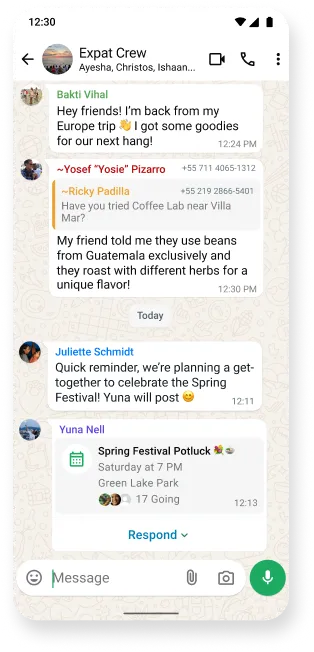 whatsapp group chat screenshot for event planning, featuring organized conversation with text messages highlighting the app's collaborative features for coordinating gatherings and meetups