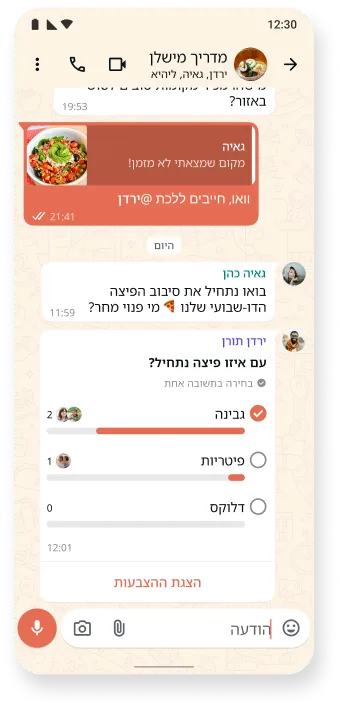 צילום מסך של שרשור צ'אט ב-WhatsApp שעוסק באוכל טעים וכולל סקר אינטראקטיבי, ושמציג את נושאי הצ'אט באפליקציה