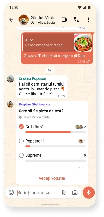 captură de ecran cu firul unei conversații whatsapp în care se discută rețete delicioase și un sondaj interactiv, ilustrând temele pentru conversații din aplicație