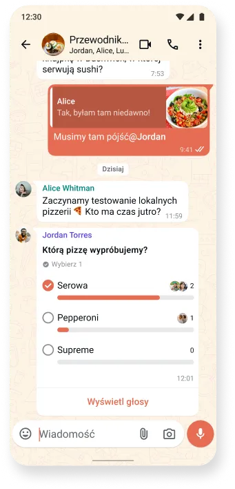 zrzut ekranu wątku czatu w whatsapp przedstawiający rozmowę na temat pysznego jedzenia i interaktywną ankietę, prezentujący motywy czatu aplikacji