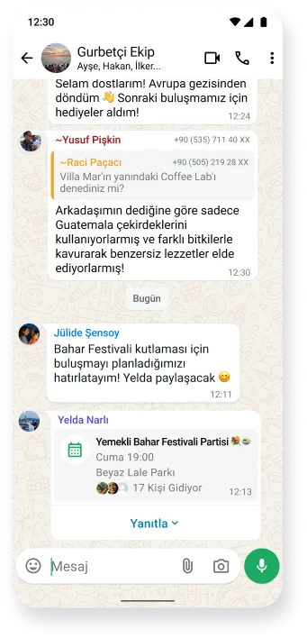 toplantıları ve buluşmaları koordine etmek için uygulamanın ortak özelliklerini vurgulayan, kısa mesajlarla yapılan düzenli konuşmaların yer aldığı, etkinlik planlamasına yönelik whatsapp grup sohbeti ekran görüntüsü