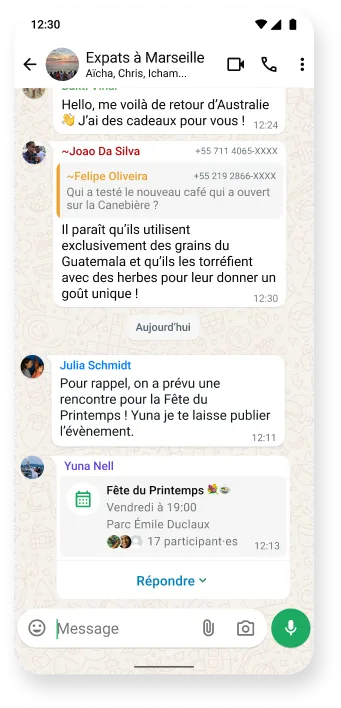 Capture d’écran d’une discussion de groupe WhatsApp pour l’organisation d’un événement, comportant des messages textuels. Cette illustration met en évidence les fonctionnalités collaboratives de l’application pour organiser des rassemblements et des rencontres.
