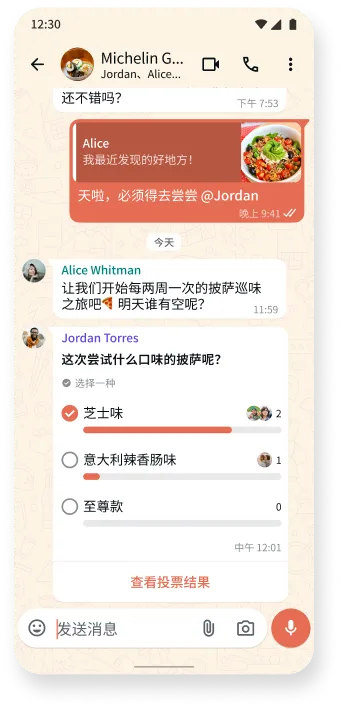 讨论美食和互动投票的 WhatsApp 聊天截图,展示了这款应用的聊天主题功能