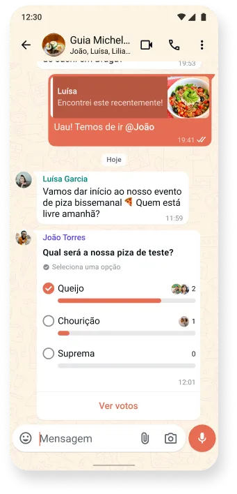 captura de ecrã de sequência de conversa do whatsapp sobre comida deliciosa e com uma sondagem interativa, onde se pode ver os temas de conversa da app