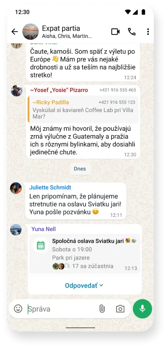 Snímka obrazovky skupinového chatu WhatsApp na plánovanie podujatia, na ktorej je zobrazená organizovaná konverzácia s textovými správami zdôrazňujúcimi funkcie aplikácie na koordináciu stretnutí