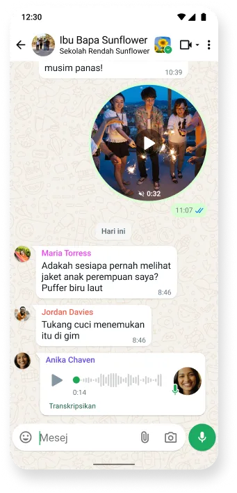 tangkapan skrin bebenang sembang whatsapp yang memaparkan perbualan multimedia dengan video, teks dan mesej suara, mempamerkan komunikasi lancar pada aplikasi pemesejan popular