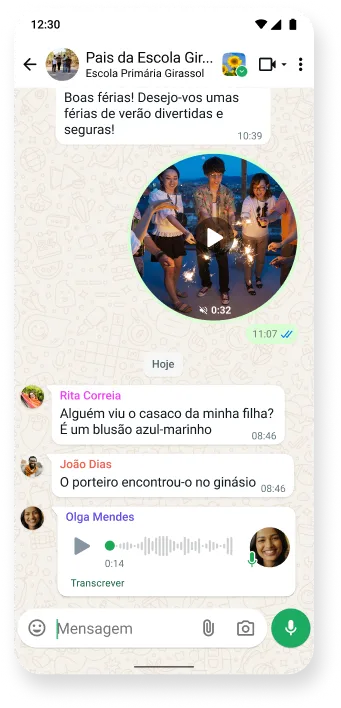 captura de ecrã de sequência de conversa do whatsapp onde se pode ver uma conversa com mensagens de vídeo, texto e voz, que resultam numa comunicação simples na app de mensagens popular