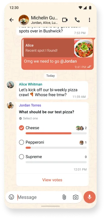 whatsapp chat thread screenshot discussing delicious food and interactive poll, showcasing the app's chat themes