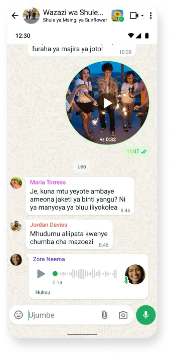 picha ya skrini ya mtungo wa gumzo la whatsapp inayoangazia mazungumzo ya midia anuwai kwa ujumbe wa video, maandishi, na sauti, inayoonyesha mawasiliano mwafaka kwenye programu maarufu ya utumaji ujumbe
