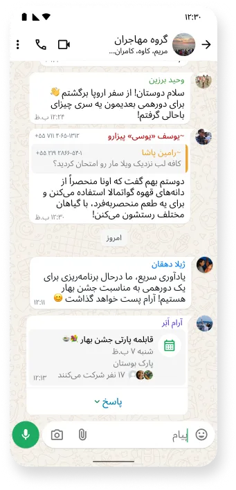 نماگرفتی از یک گپ گروهی واتساپ برای برنامهریزی رویداد، که مکالمه سازمانیافته با پیامهای متنی را نشان میدهد و ویژگیهای مشارکتی این برنامه برای هماهنگی گردهماییها و ملاقاتها را برجسته میکند