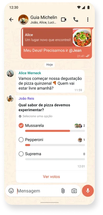 captura de tela de uma conversa do whatsapp sobre comidas deliciosas com uma enquete interativa, apresentando os temas do app