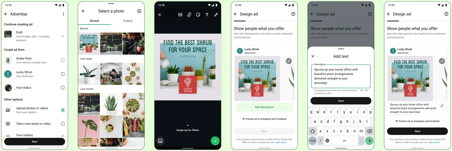 An image arrangement of different screens showing how you can interact with WhatsApp Business app