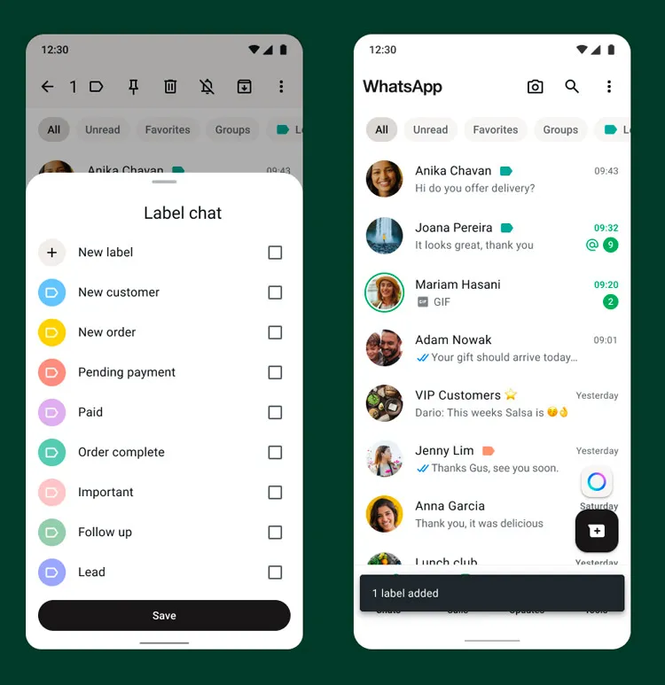 A user interface image of whatsapp messages and chat labeling