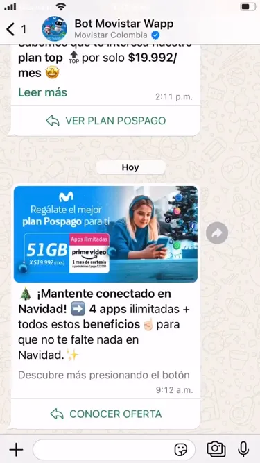 Illustration présentant les échanges entre Movistar et une personne sur WhatsApp