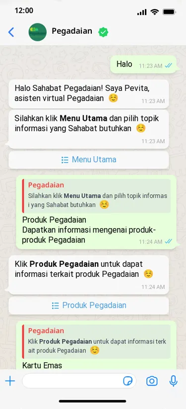 Messages between a customer and Pegadaian on WhatsApp.