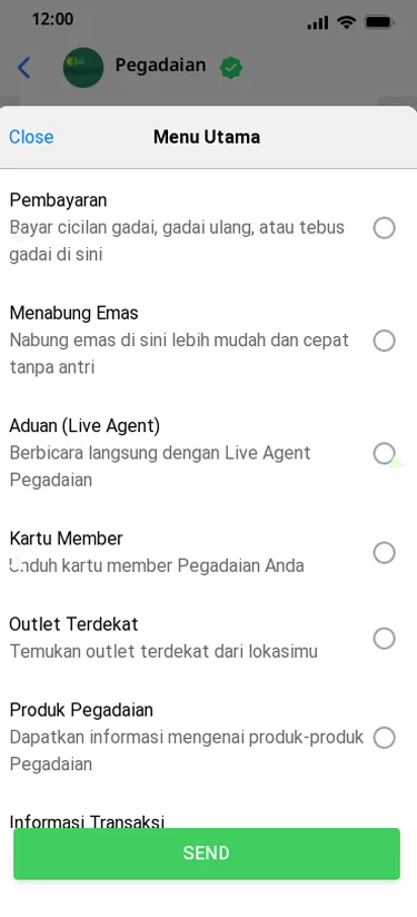 Un ejemplo del menú que ven los usuarios en el canal de WhatsApp de Pegadaian.