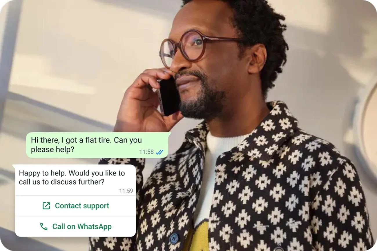 A man calling support with a graphic showing options between calling and messaging