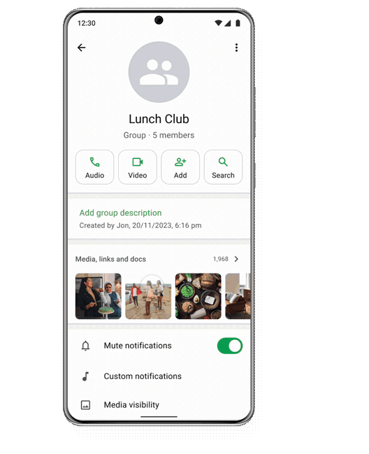 Smartphone screen showing a group chat named "Lunch Club" with 5 members, buttons for calls and search, and notifications muted.
