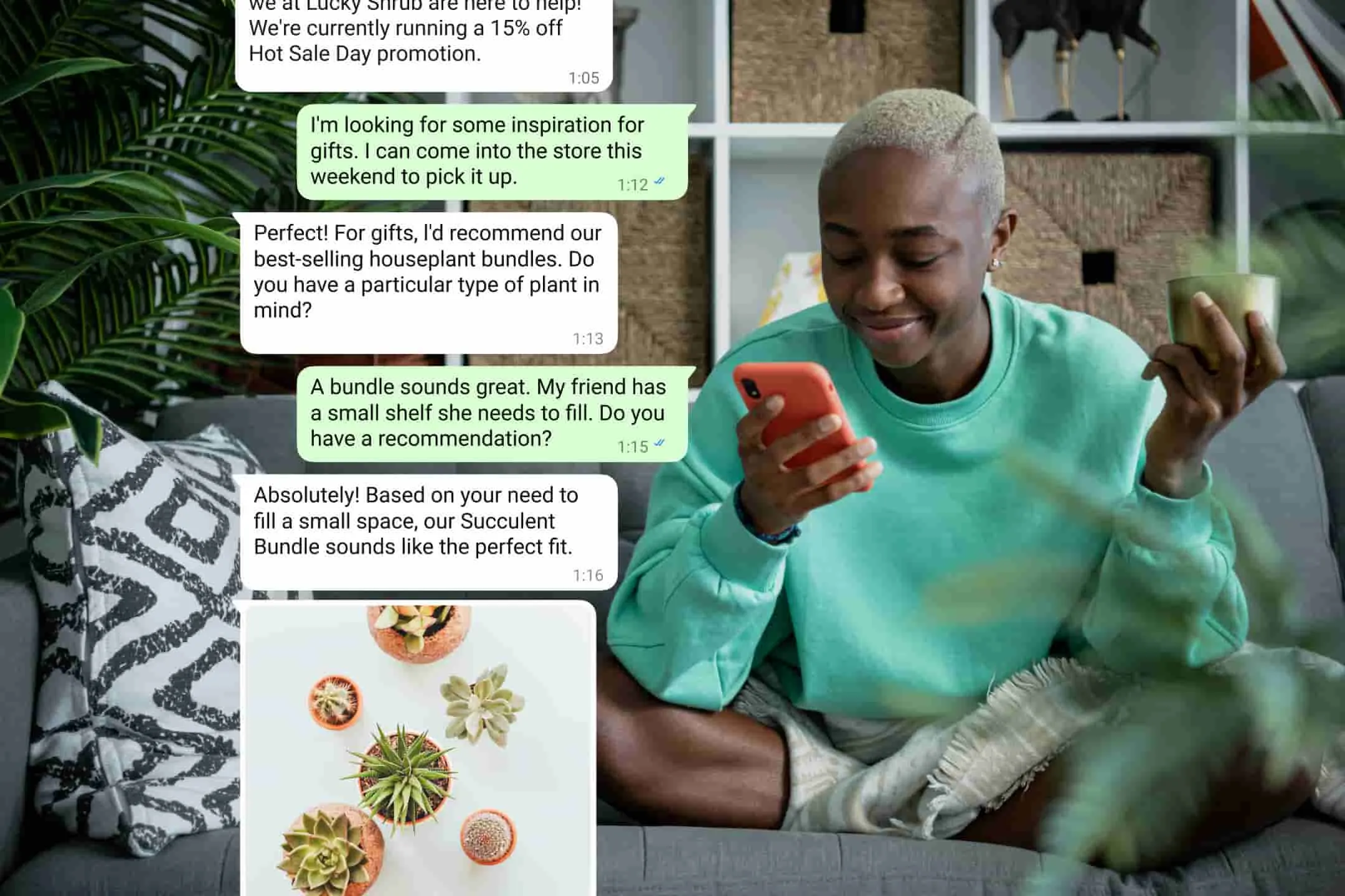 live chat support messages between a customer and business for gift recommendations on whatsapp business app