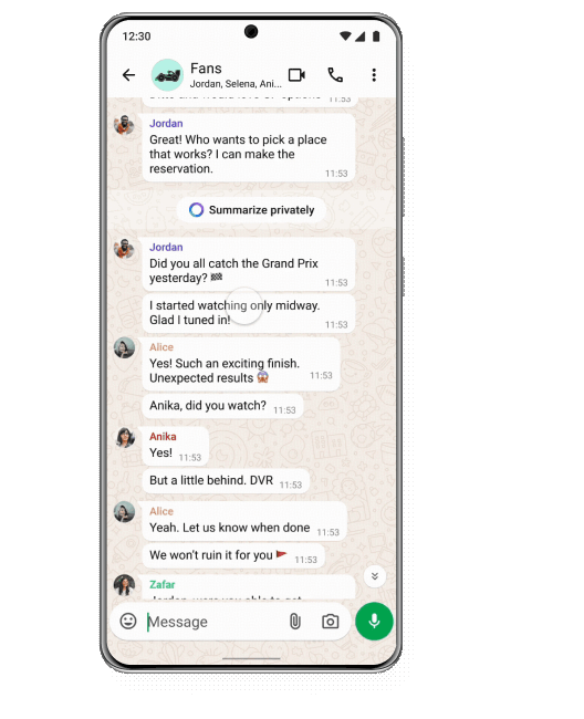 Smartphone showing a group chat called "Fans" with messages about the Grand Prix, participant names, emojis, and a send button.
