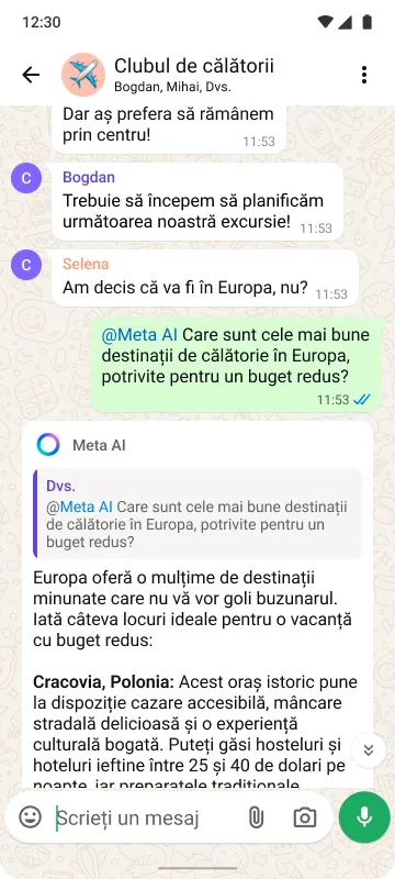 Smartphone care afișează o conversație de grup numită „Travel Club”, în care se planifică o excursie în Europa, iar Meta AI oferă sfaturi de călătorie.
