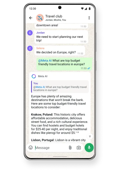 Smartphone showing a group chat called "Travel club" planning a trip to Europe, with Meta AI giving travel tips.