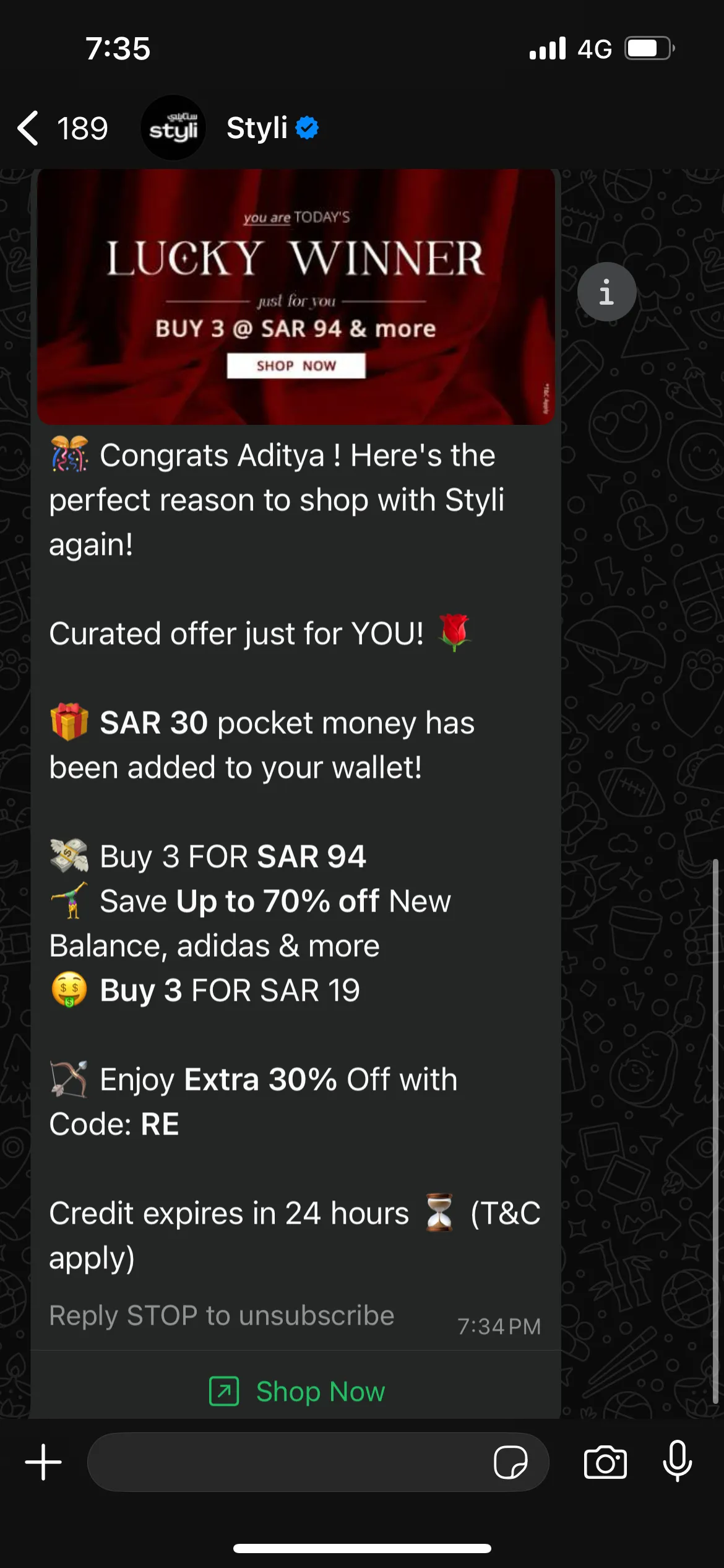 A marketing message from Styli sent to a WhatsApp user