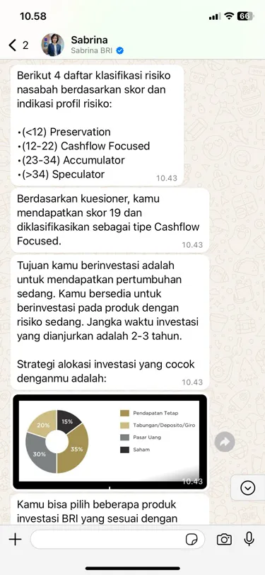 Cuplikan layar pengalaman layanan pelanggan Sabrina.