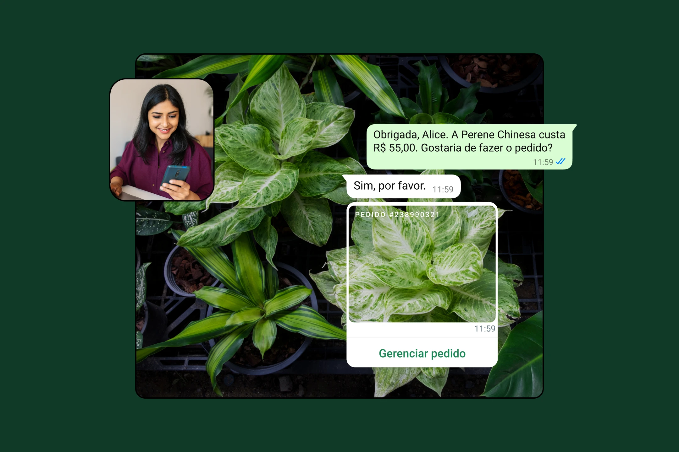 cliente fazendo pedido para uma empresa em um dispositivo móvel usando o aplicativo WhatsApp Business