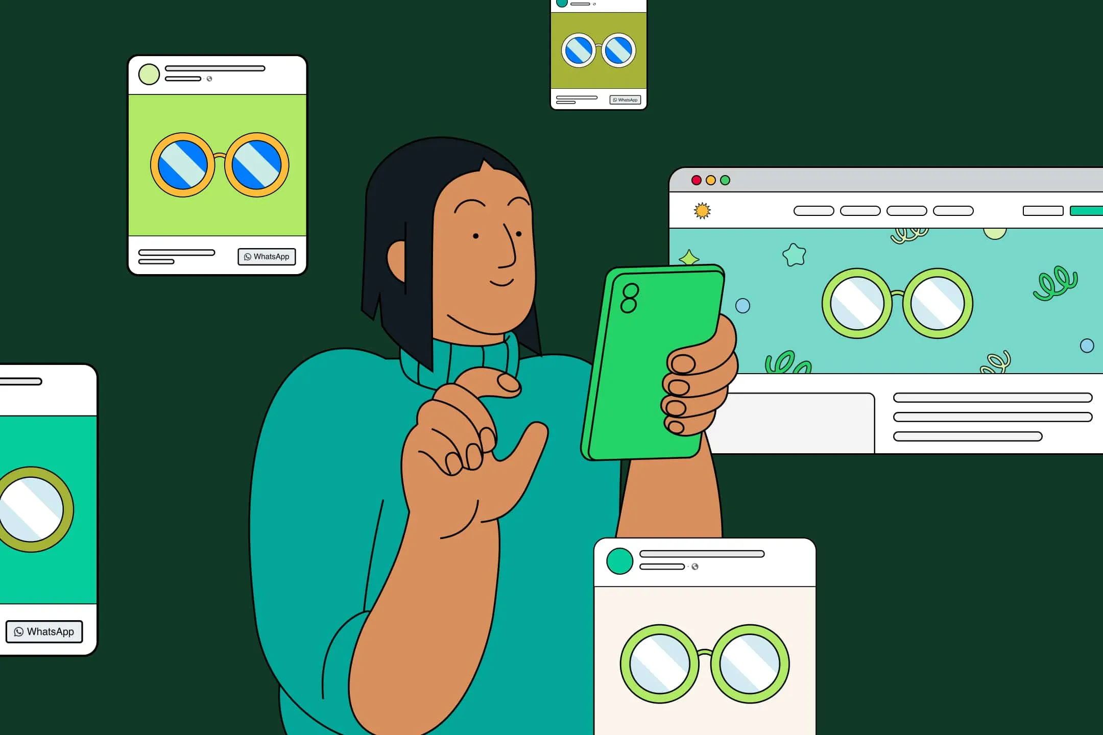 illustration of customer viewing remarketing ads while browsing social media and websites