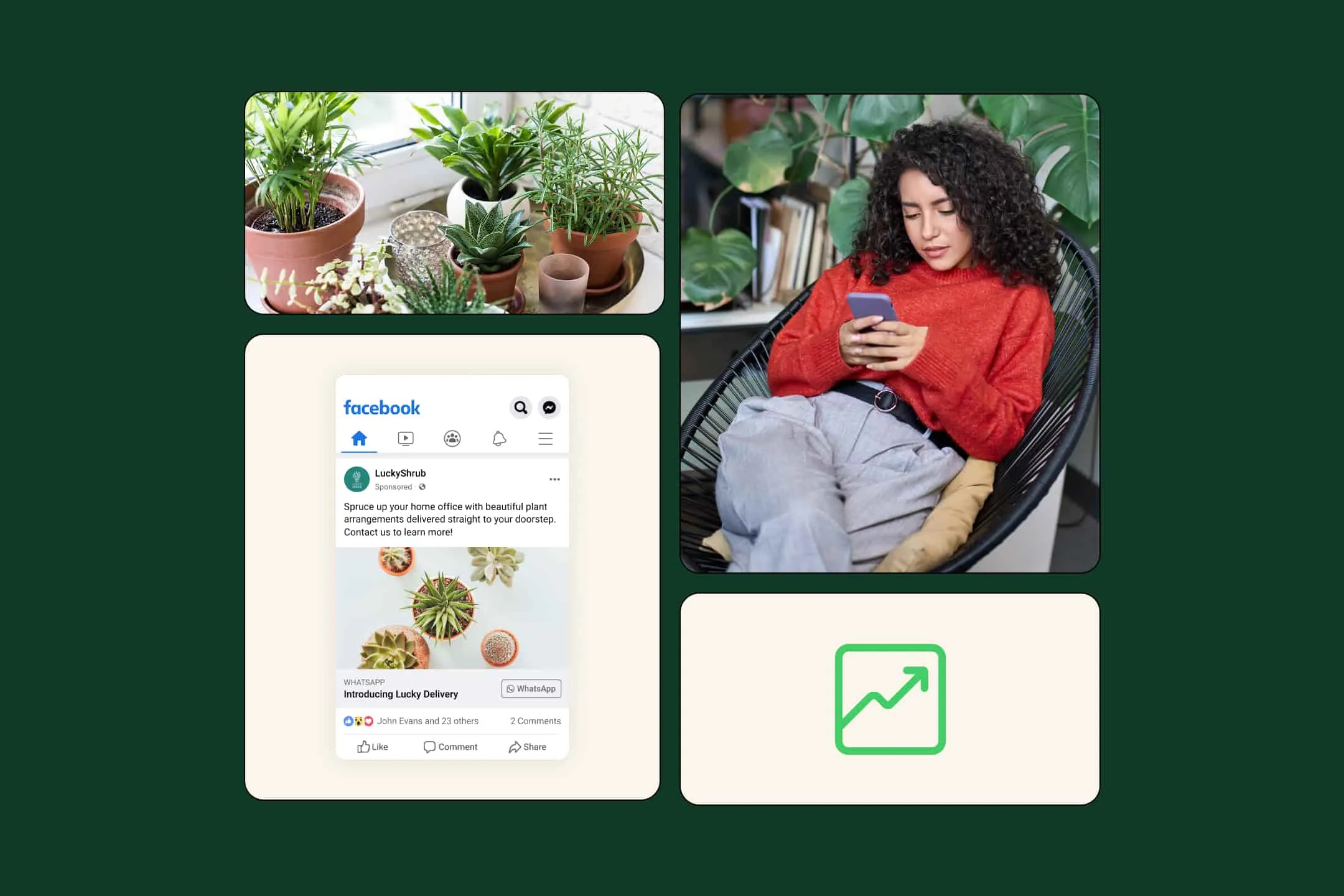 collage of click to whatsapp ads on facebook and a user browsing remarketing ads