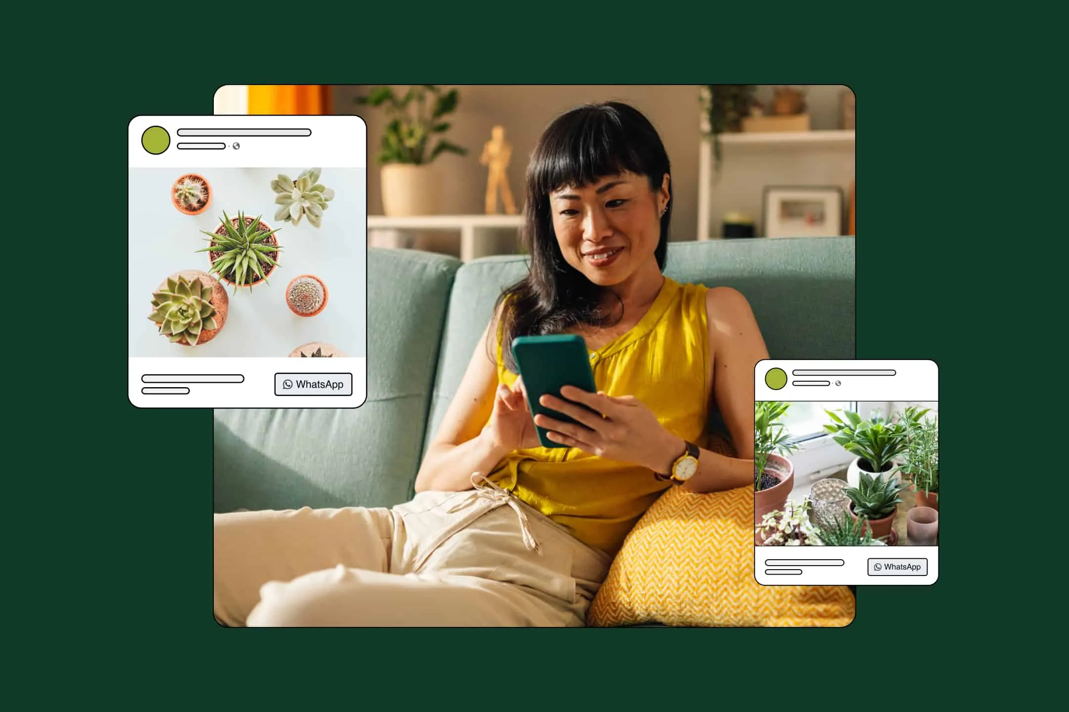 Un cliente viendo anuncios de remarketing a través de anuncios de WhatsApp con ilustraciones de anuncios