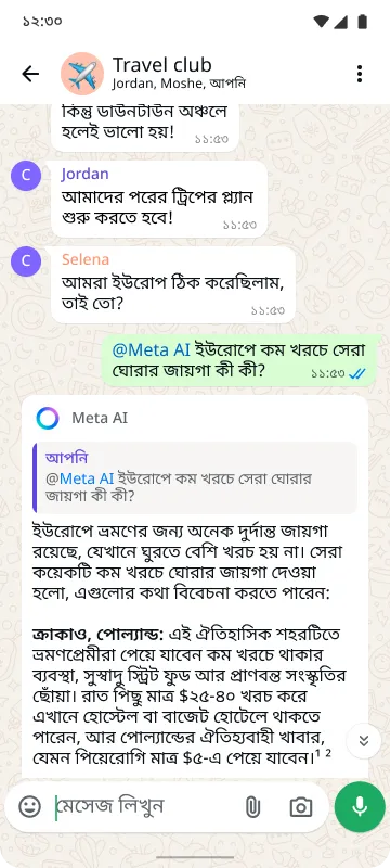 স্মার্টফোনে "Travel club" নামের একটি গ্রুপ চ্যাট দেখা যাচ্ছে, যেখানে ইউরোপ ভ্রমণের পরিকল্পনা করা হচ্ছে এবং Meta AI ভ্রমণ সম্পর্কে পরামর্শ দিচ্ছে।