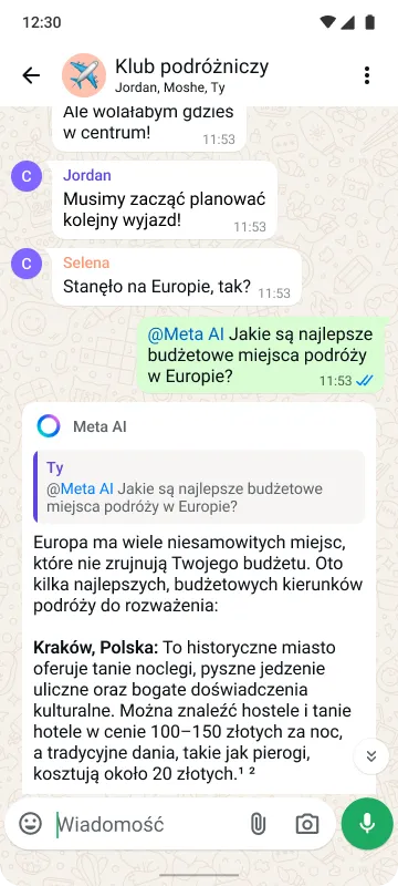 Ekran smartfona przedstawiający czat grupowy „Travel Club”. Członkowie grupy planują podróż po Europie, a Meta AI podpowiada, co warto zobaczyć.
