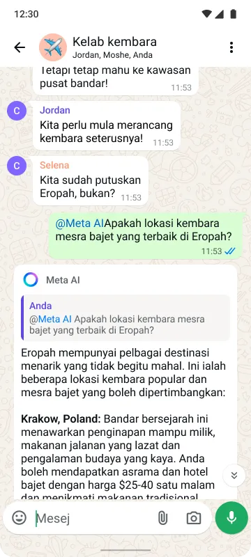 Telefon pintar menunjukkan sembang kumpulan yang dipanggil "Kelab kembara" merancang perjalanan ke Eropah, manakala Meta AI memberikan petua perjalanan.