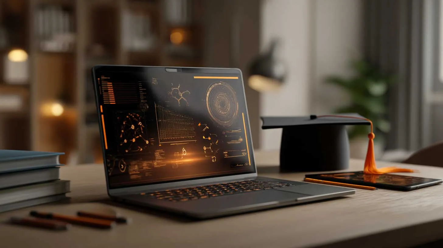 Um notebook ao lado de um chapéu de formatura.