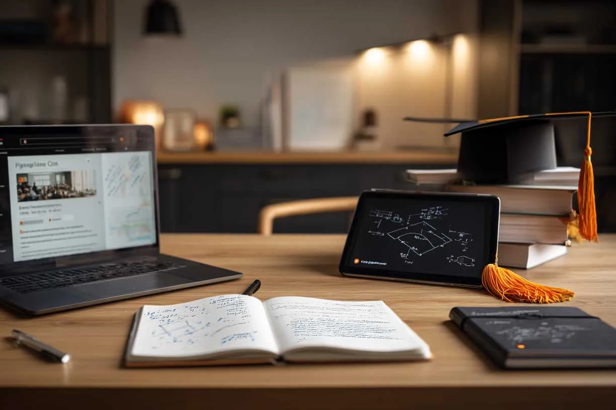 Um livro aberto em uma mesa que também contém um notebook, um caderno e um chapéu de formatura.