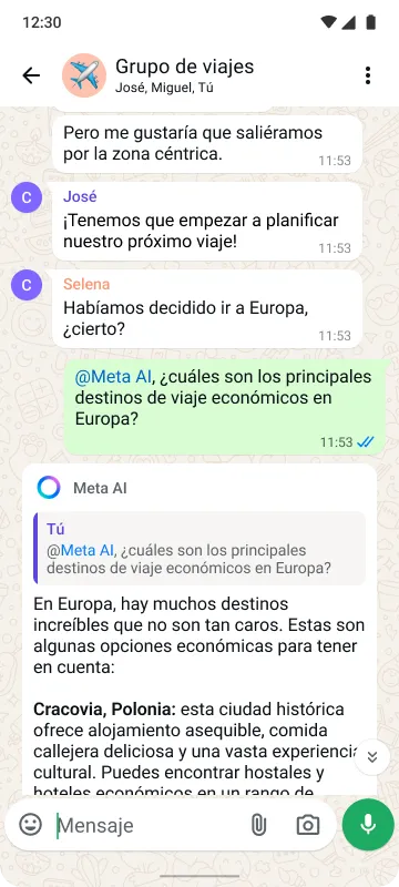 Smartphone que muestra un chat grupal llamado "Club de viaje" planeando un viaje a Europa, y Meta AI da consejos de viaje